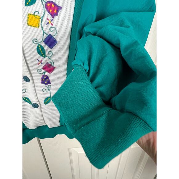Vintage 80s Teddi Green Textured Waffle Floral Button Sweater Top Large Retro - Picture 5 of 9